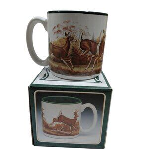 Vintage NOB 1990 Potpourri Press Leaping Deer Mug 11 Oz Green & White Ceramic